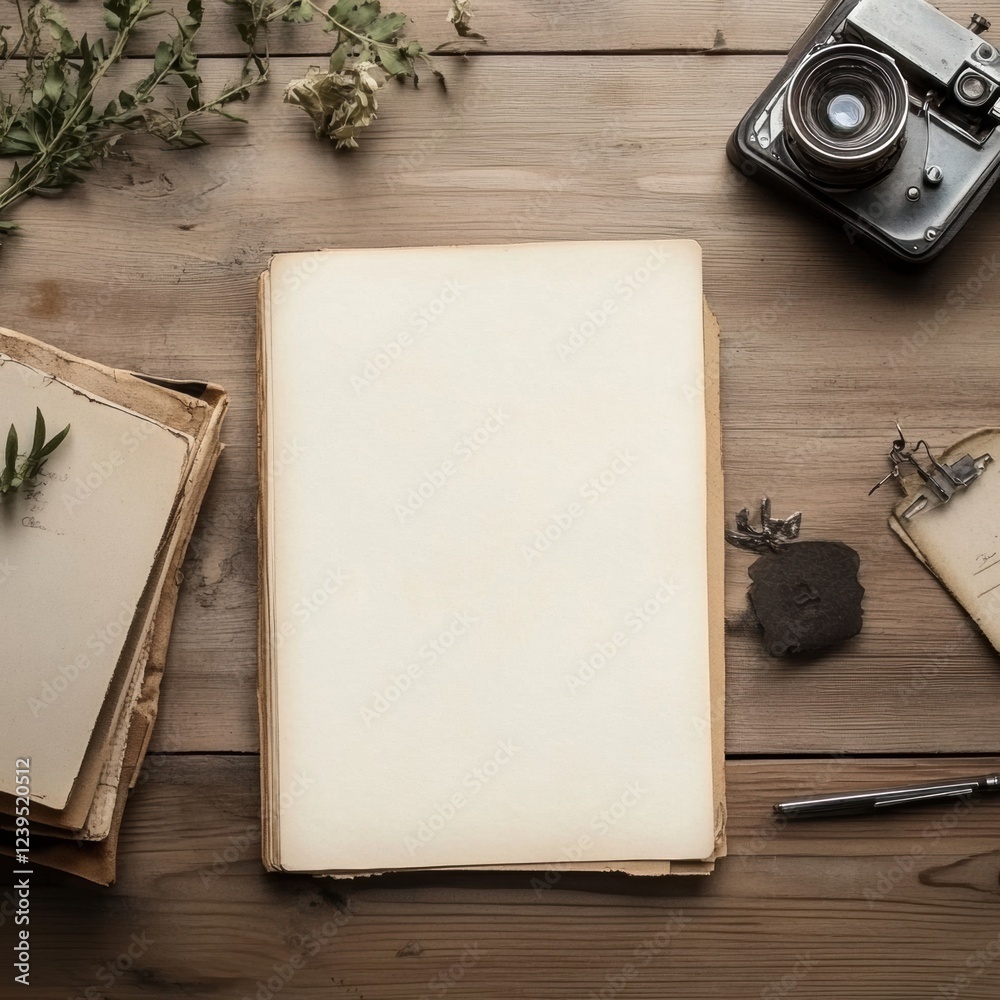 Leinwandbilder Vintage workspace setup with blank pages wooden table camera and natural elements creating a nostalgic atmosphere. Generative AI