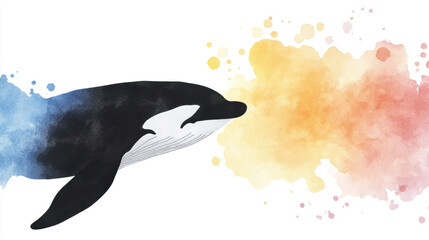 killer whale, watercolor, Close-up image of a killer whale's face showcasing details in soft water surroundings.
