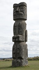 Unique abstract totem pole with angular carvings casting shadows on grassy field under overcast sky