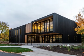 Fototapeta premium Modern two-story black building with large windows surrounded by autumn trees