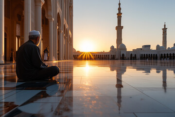 A serene Eid morning scene with a misty mosque courtyard, a few people praying, and a bright sunrise in the background, conveying a sense of peace and tranquility.