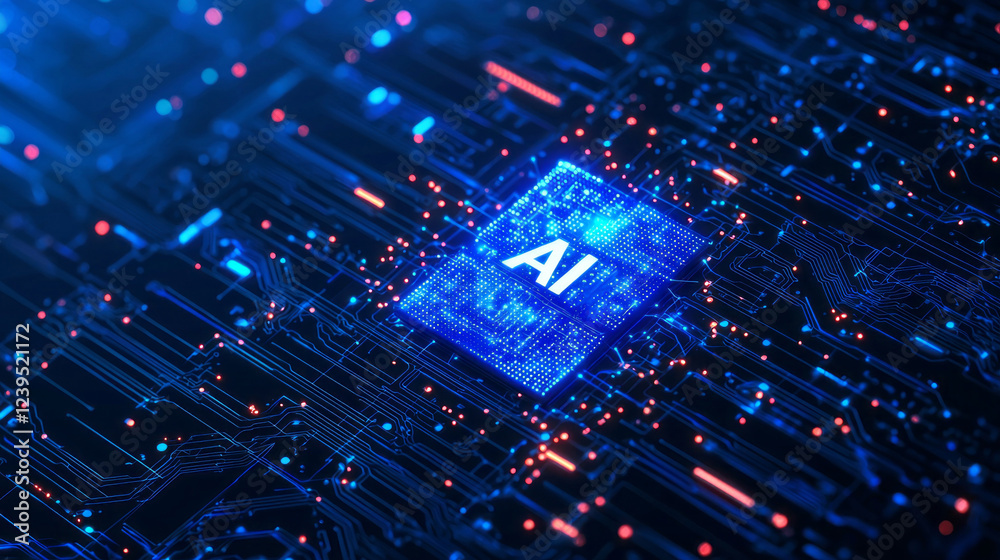 Poster A mesmerizing array of electronic circuits pulses with energy, showcasing a central glowing element labeled AI