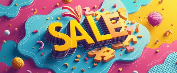 Obraz premium A vibrant and eye-catching graphic showcases the word SALE in bold, 3D letters, surrounded by playful shapes and patterns. This lively design bursts with energy, making it perfect for attracting