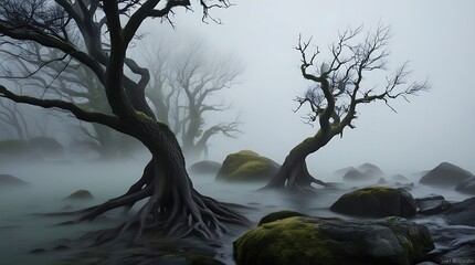 Dark moody landscape, twisted gnarled trees, misty atmosphere