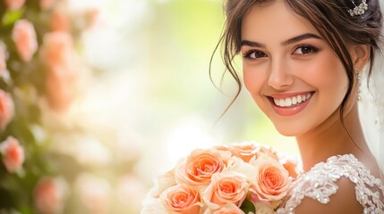 Beautiful bride smiling with bouquet of roses in garden during wedding celebration in sunlight. Generative AI