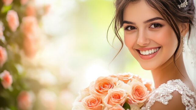 Beautiful bride smiling with bouquet of roses in garden during wedding celebration in sunlight. Generative AI