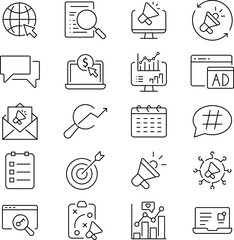 Set of 20 outline icons related to digital marketing. Linear icon collection. Editable stroke. Vector illustration