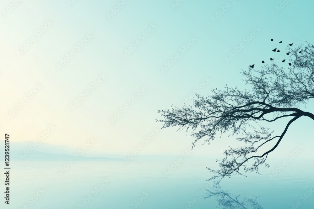 Poster Serene morning by the calm lake with a bare tree and birds taking flight at dawn. Generative AI