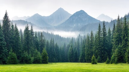 Misty mountain forest meadow landscape