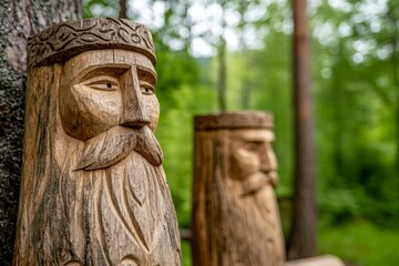 Carved wooden statues in forest depicting ancient slavic pagan deities