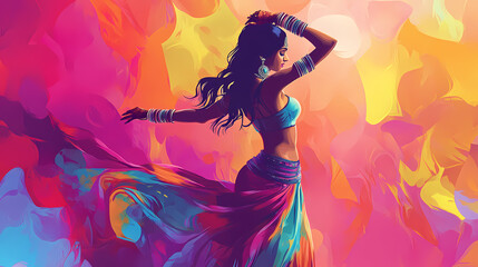 Graceful indian belly dancer girl in traditional attire against bold abstract backdrop. indian culture concept. Cultural Aesthetics. Illustration