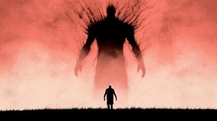 A lone figure confronts a colossal, shadowy entity against a fiery red sky.  A dramatic silhouette.