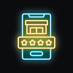 Neon glowing icon of a smartphone displaying an online store review with a five star rating