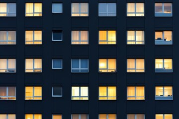 Illuminated windows on high-rise building at dusk
