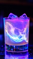 Neon smoke futuristic cyberpank cocktail. Galaxy bar alcohol drink concept on cosmic background. Modern sci-fi aesthetic.