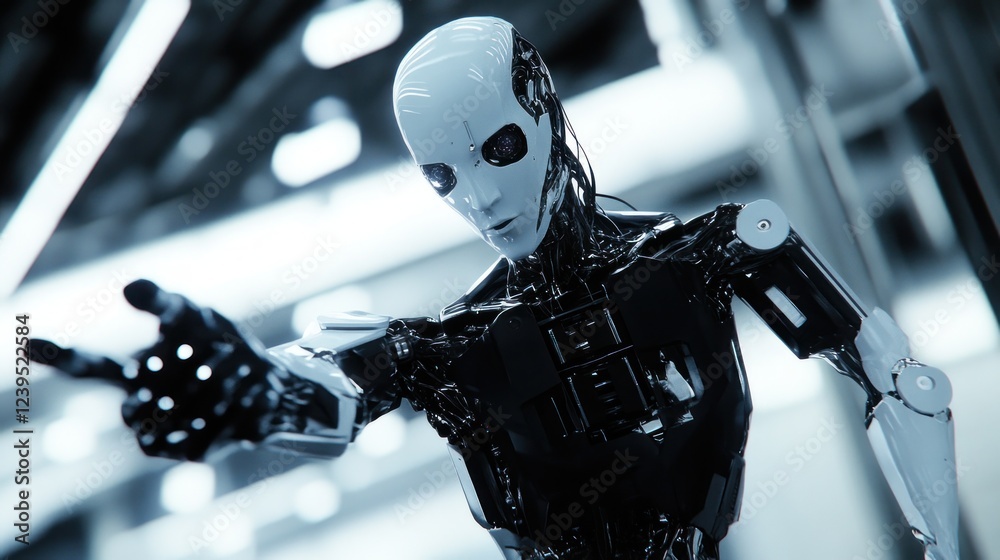 Poster futuristic android pointing with advanced technology and artificial intelligence