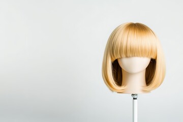 Obraz premium Blonde wig with bangs on mannequin head against neutral background
