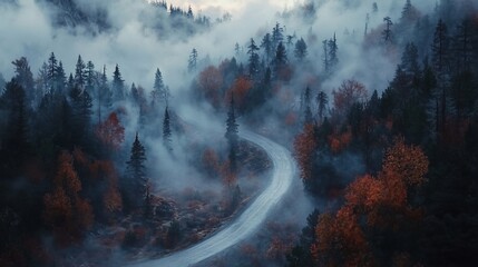 Fototapeta premium Winding road through misty autumn forest used for travel or scenic backgrounds
