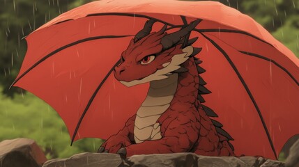 A cute red dragon takes shelter from the rain under a red umbrella.