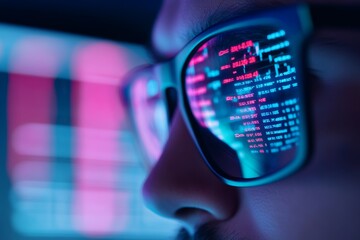 Close-up of code reflections in glasses of a young adult male