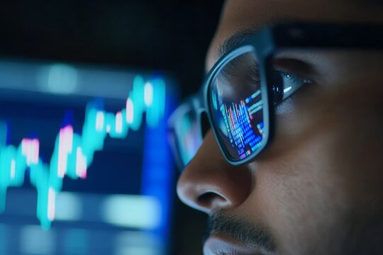 Young male analyzing financial data on computer with graph reflected in glasses