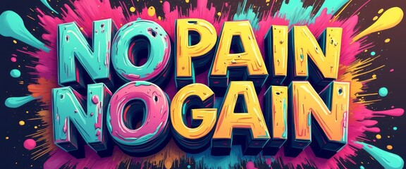 This eye-catching graphic features the powerful phrase No Pain No Gain in bold, 3D letters bursting with vibrant colors. The energetic splashes of paint in the background amplify the message, creating