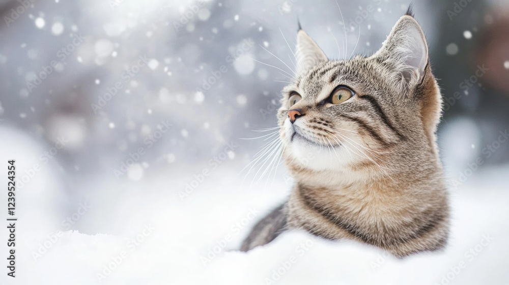 Poster Cat enjoys falling snowflakes while sitting in deep snow during a winter day in a serene landscape. Generative AI