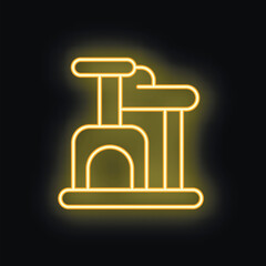 Yellow glowing neon icon representing a cat tree with a scratching post, perfect for pet shop advertising