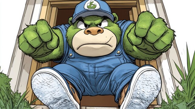 Angry cartoon bear in overalls clenches fists, ready for action.  Green fur, blue clothes, intense expression.