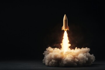 Golden rocket launching with fiery exhaust against dark background