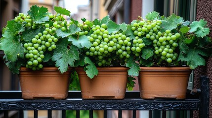 Grape plants are flourishing in pots along city balcony vines reaching upward on decorative trellis. Small green grape clusters form amid vibrant green leaves.