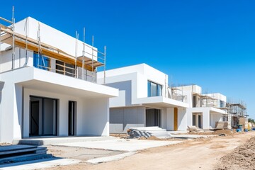 Modern white residential houses under construction on a clear day