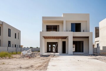 Modern minimalist home exterior in construction phase on clear day