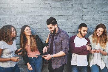 Wall, laughing or friends on tablet for reading gossip, online update or funny news on break in...
