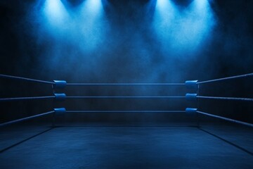 Dramatic empty boxing ring under blue lights in dark arena