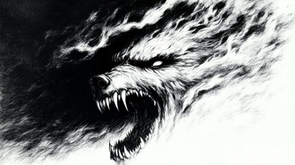 A dramatic black and white illustration of a snarling wolf's head, emerging from a dark, smoky background.
