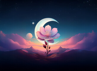 A delicate pink flower blossoms under a crescent moon against a dreamy, pastel landscape.  Mountains and clouds fill the background, creating a serene, celestial scene.
