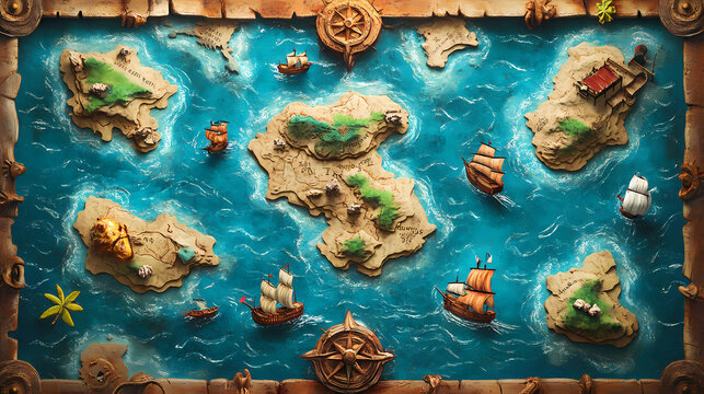 Map atlas concept. an ancient, detailed treasure map showcasing islands and ships in vibrant colors. Mythological References. Illustration