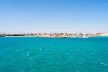 View from boat on Red Sea And Hurghada in Egypt. Cristal clear water and View at city. 