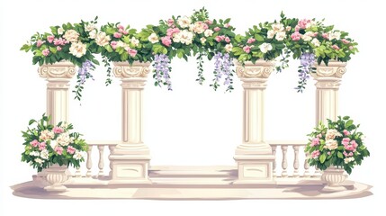 Elegant Floral Archway with White Columns and Vibrant Decorations