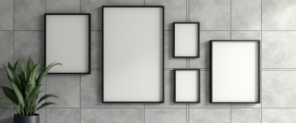A sleek arrangement of empty black-framed pictures on a textured gray wall creates a modern and minimalist aesthetic. The addition of a lush green potted plant adds a touch of life and warmth