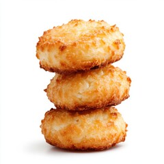Stack of Three Delicious Coconut Macaroons with Golden Brown Crispy Texture and Soft Center on White Background