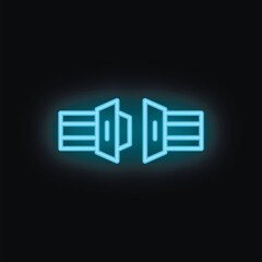 Blue neon icon of a safety belt buckle glowing on a dark background