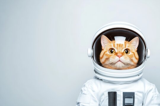 Orange cat in astronaut suit against gray background
