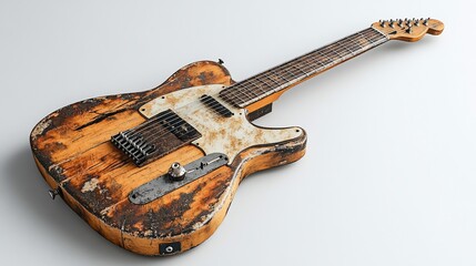 Worn electric guitar studio shot, weathered, aged, background white, music promotion