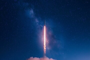 Rocket launch against starry night sky and milky way galaxy