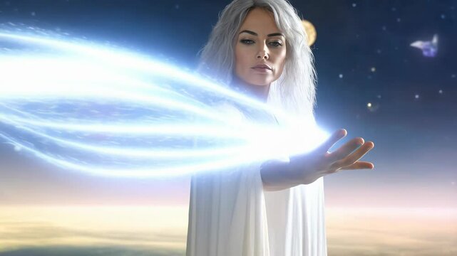 Mystical woman with silver hair harnesses glowing energy in a cosmic landscape, surrounded by planets and stars