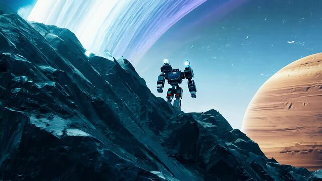 Futuristic robot exploring rocky alien planet under vibrant ringed gas giant. Concept of space exploration, advanced technology, outer space adventure, extraterrestrial landscapes