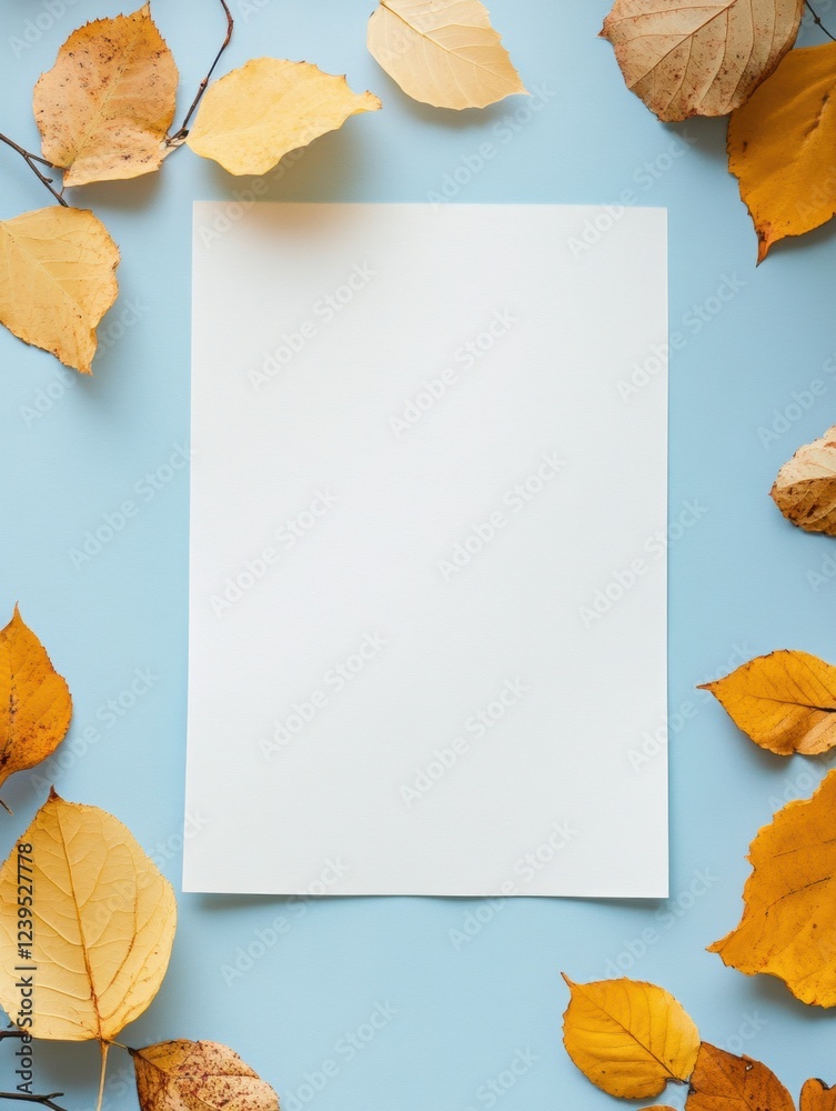 Poster blank sheet of paper surrounded by autumn leaves on blue background at home. generative ai