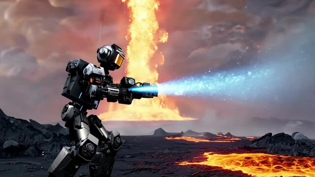 Advanced Firefighting Robot Extinguishing Lava Flow on Volcanic Terrain. Concept of Futuristic Technology, Disaster Response, Environmental Protection, and Robotic Innovation